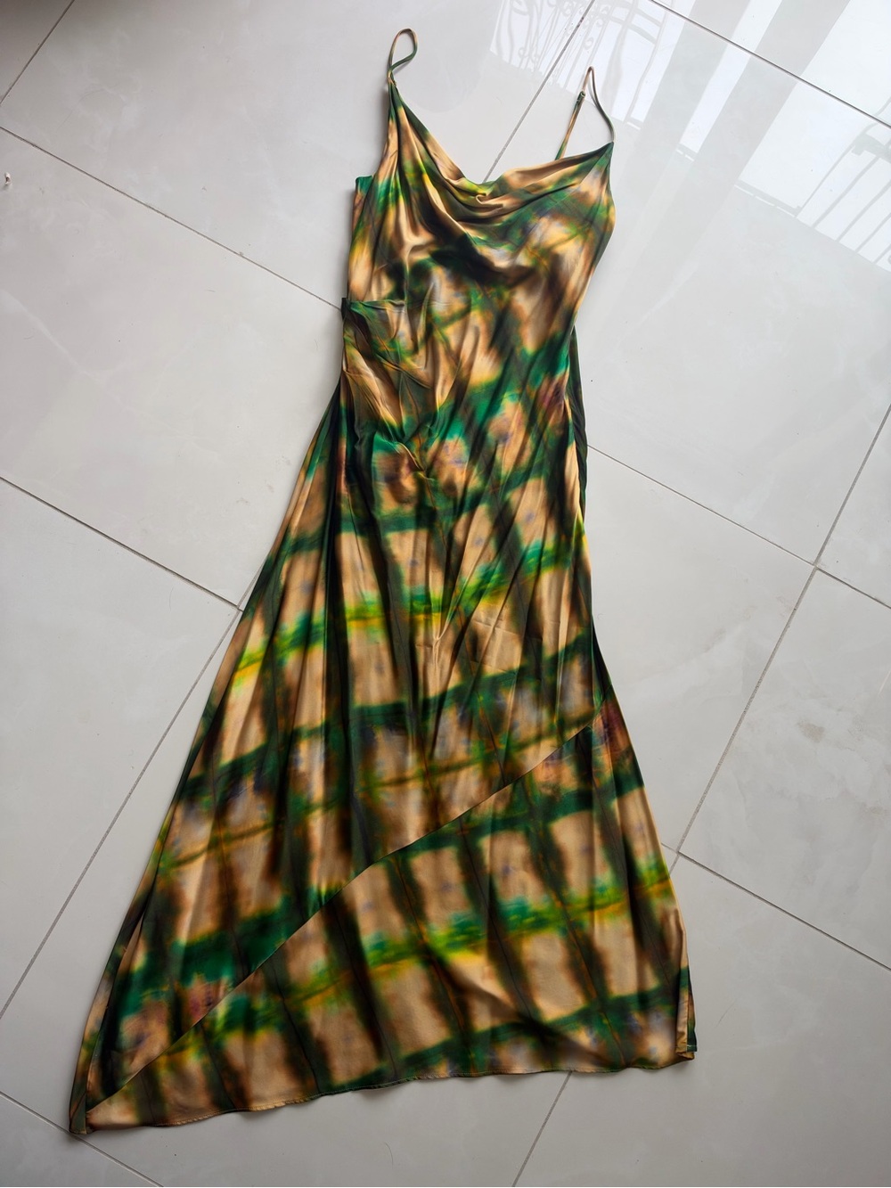ZARA | Green and Gold Bias Slip Midi Dress